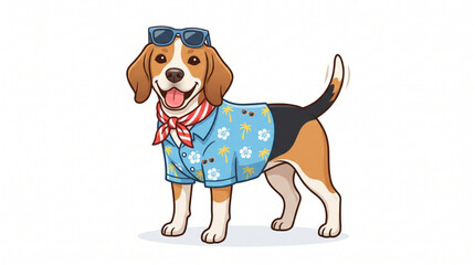 Vector Illustration of a Happy Beagle Dog Wearing a Hawaiian Shirt and Sunglasses Isolated on White Background © bimo