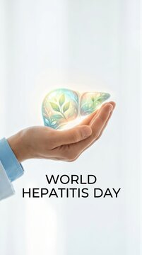 Doctor hand holding healthy liver with nature design. Medicine concept for World Hepatitis Day. Medical awareness campaign for organ health and disease prevention. Healthcare technology.