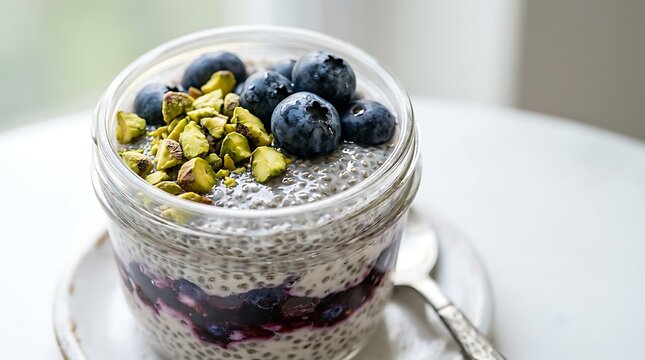 Healthy chia seed pudding with blueberries and pistachios in a jar