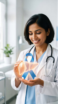 Woman doctor holding glowing human liver and blue awareness ribbon. World Hepatitis Day concept. Medical professional promoting health education and disease prevention campaign in clinic.