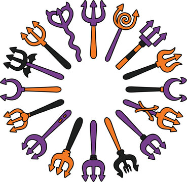Halloween spooky devil pitchforks and evil demon tridents vector illustration circular set isolated on white background.