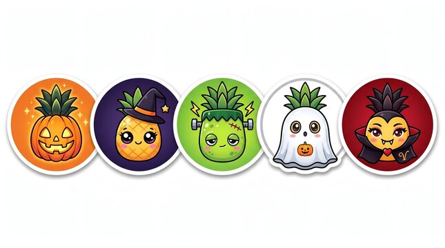 Halloween pineapple character badge sticker set five cute cartoon icons horizontal row
