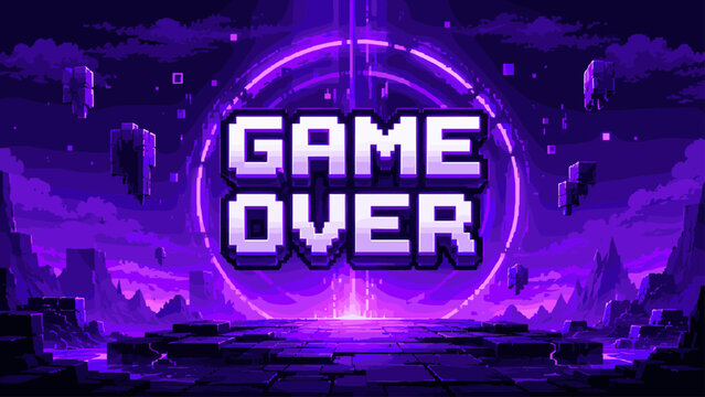 Purple game over screen with bold arcade mood, game, over, screen, purple, arcade, gaming, neon, digital, gradient, entertainment,