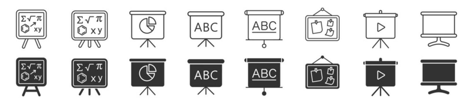 presentation boards and flip charts outline and solid icons set for education business and marketing on transparent background