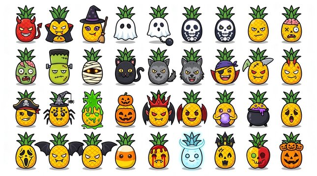 Halloween pineapple cartoon icon pack 25 unique characters 5x5 grid flat vector illustration