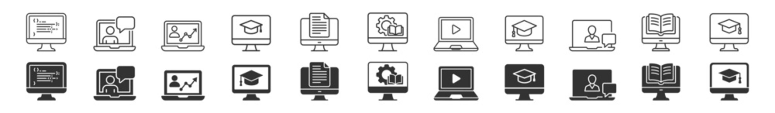online education and e learning icon set with computer and laptop symbols for remote study and digital courses on transparent background