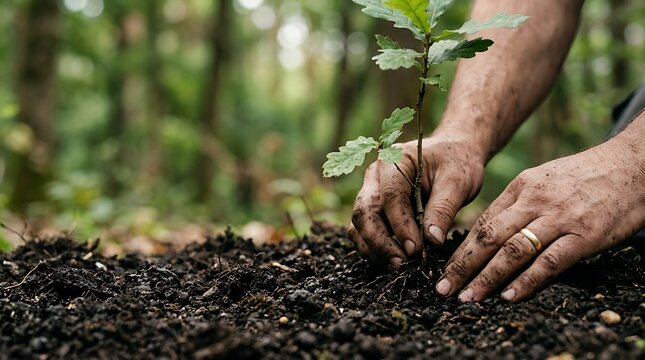 Dirty hands planting a small green oak sapling in dark forest soil