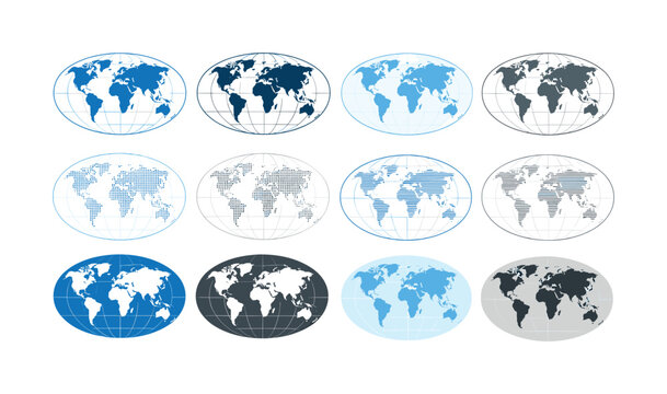 Globe icon set with oval world maps in blue gray and black variations, globe, world, maps, oval, geography, earth, blue, gray,