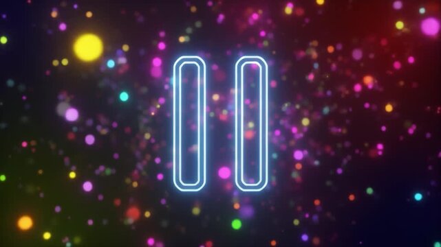 Glowing blue neon pause symbol against a vibrant bokeh background of colorful blurred lights icon button