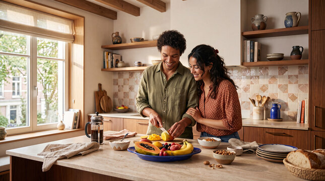 Happy young couple preparing a healthy breakfast together with fresh tropical fruit in a bright, modern rustic kitchen during a sunny morning