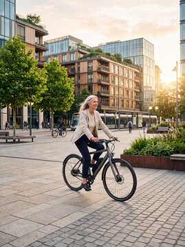 Active senior woman with grey hair riding an electric bicycle through a modern city square at sunset, commuting in professional attire
