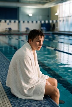Thoughtful teenage swimmer sits on the edge of an indoor lap pool wrapped in a white towel, reflecting after a training session
