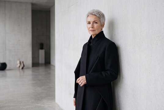 Sophisticated senior woman with short grey hair wearing a stylish black coat, standing against a minimalist concrete wall in a modern architectural space