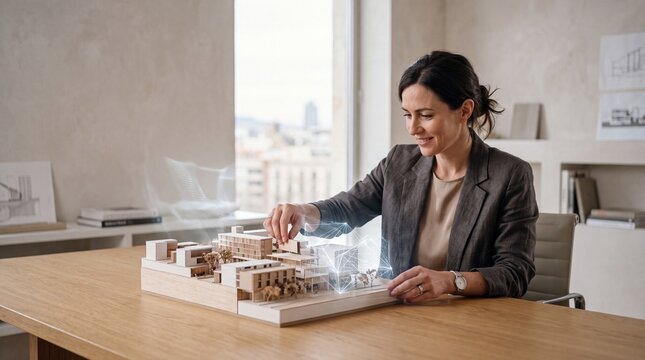 Professional female architect examining a detailed architectural model with futuristic holographic digital overlays in a bright modern design studio