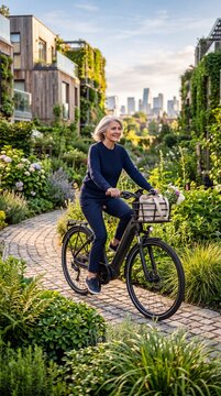 Happy senior woman riding an electric bicycle through a lush green urban garden neighborhood with a city skyline in the background