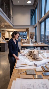 Professional female architect examining a physical building model with digital holographic overlays in a modern, sunlit design studio filled with blueprints and architectural plans