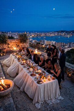 Group of diverse friends enjoying an elegant outdoor dinner party on a luxury rooftop terrace overlooking a Mediterranean coastal city at twilight with fire pits and candles