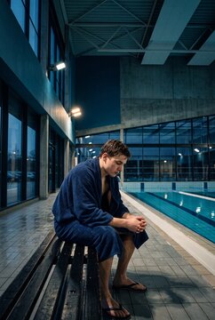 Young man in a blue bathrobe sitting on a wooden bench by an indoor swimming pool at night, looking pensive and tired after a workout