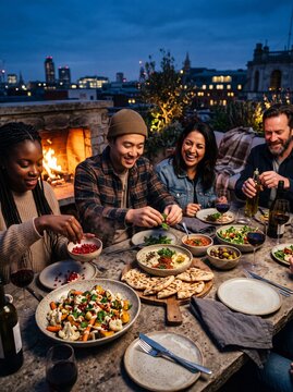 Diverse group of friends sharing a Mediterranean meal on a cozy rooftop terrace at dusk, featuring a fireplace and city skyline view