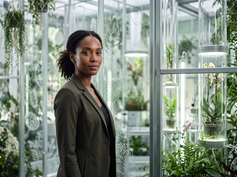 Confident Black female scientist or entrepreneur standing in a modern high-tech greenhouse laboratory surrounded by lush plants and botanical research equipment