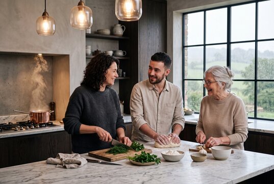 Happy multi-generational family cooking together in a stylish modern kitchen, preparing a meal with fresh ingredients and homemade dough