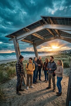 Diverse group of engineers and locals discussing a coastal solar panel installation during a dramatic beach sunset
