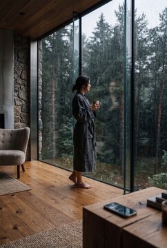 Pensive woman in a dark bathrobe standing by a floor-to-ceiling window in a modern cabin, looking out at a rainy pine forest while holding a warm mug