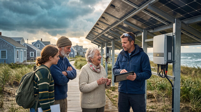 Professional technician explaining solar panel system and power inverter to a multigenerational group of residents in a coastal community