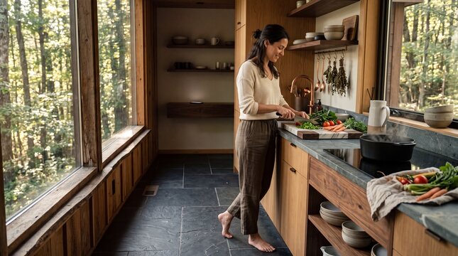 Smiling woman preparing a healthy meal in a beautiful modern rustic kitchen with large windows overlooking a lush forest, chopping fresh organic vegetables