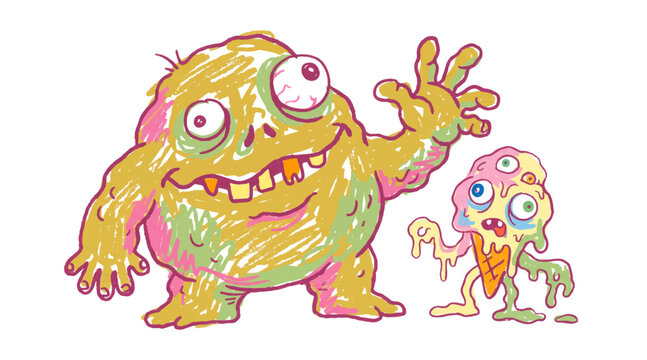 Abstract Colorful Scribble Art of Quirky Cartoon Monsters on transparent Background