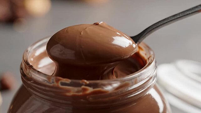 Chocolate cream spread in glass jar with spoon.