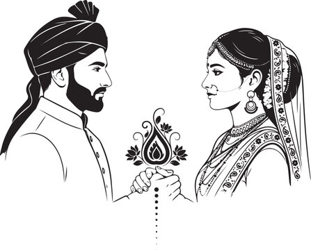Indian wedding symbol groom and bride clip art line art drawing 