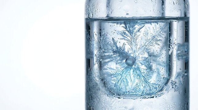 Intricate ice crystal formation inside a frosted glass water bottle