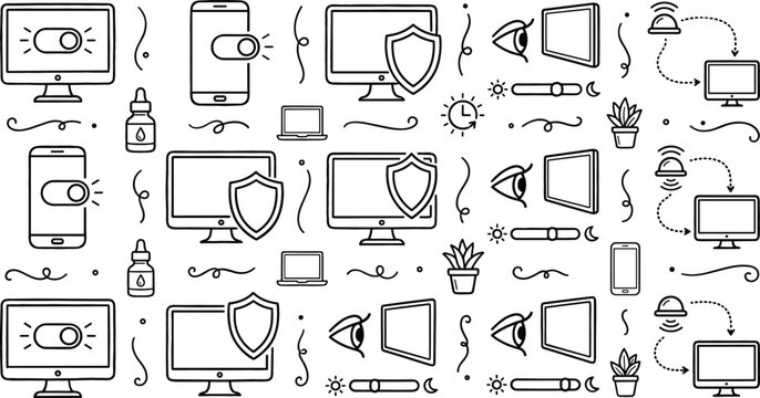 Digital Eye Strain Protection and Screen Safety Icon Set with Blue Light Filters Monitor Shields Eye Drops and Device Settings Controls