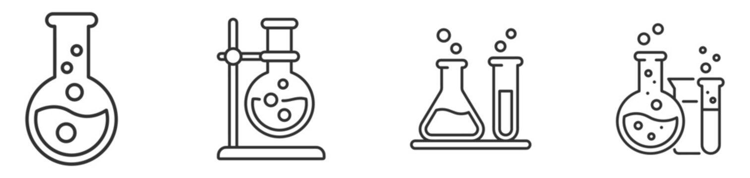 laboratory glassware set including boiling flask with bubbles, retort stand, conical flask, graduated cylinder and test tubes on transparent background