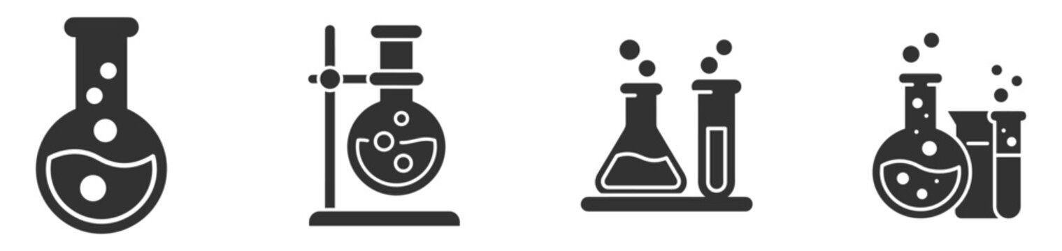 science laboratory glassware chemical flasks and test tubes vector icons on transparent background