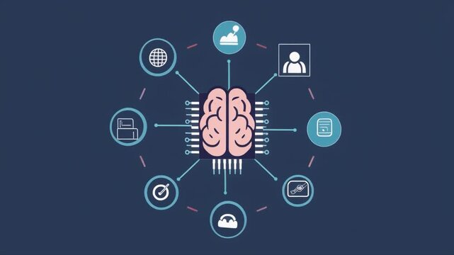Central Brain Icon Connected to Various Digital Service Icons in a Circular Diagram artificial intelligence