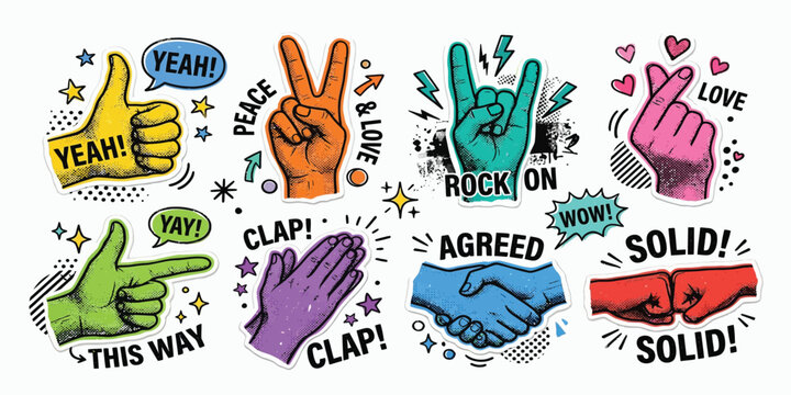 Retro comic style hand sign stickers with positive affirmations gestures stickers affirmations handshake thumbsup fistbump pointing graphics colorful expressions illustration collection