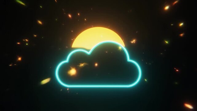 Glowing Neon Blue Cloud Icon with a Yellow Sun Silhouette and Sparkles on a Dark Background image photo