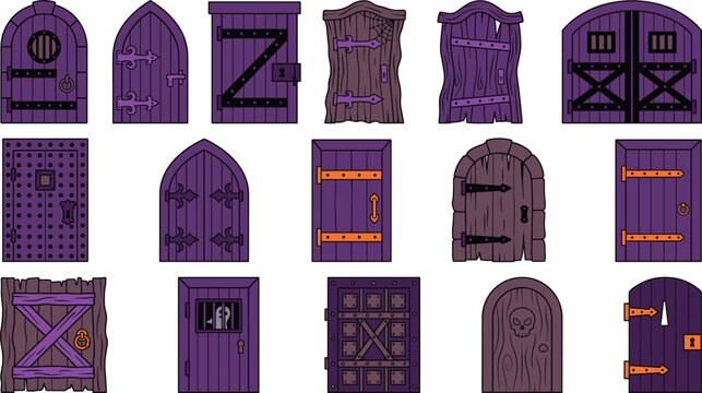 Spooky Halloween wooden doors and medieval castle dungeon gates vector illustration set isolated on white background.