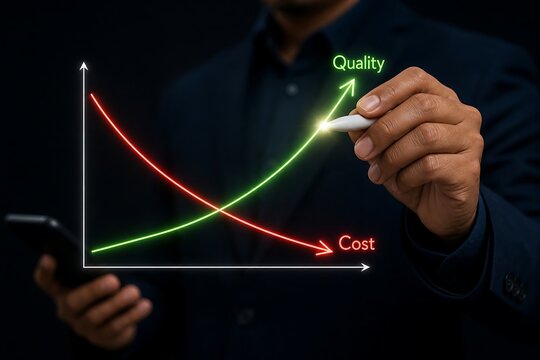Businessman drawing a graph showing increasing quality and decreasing cost on screen