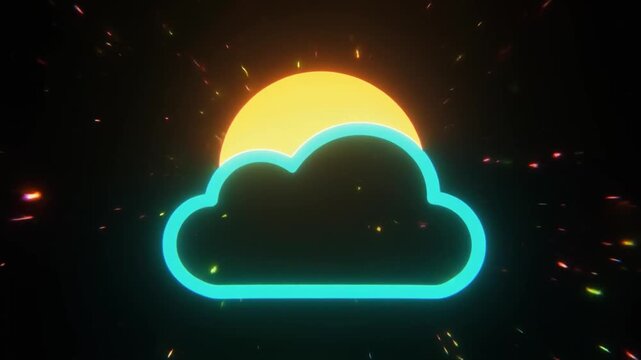 Neon cloud and sun icon glowing in a dark tunnel with colorful light streaks image photo
