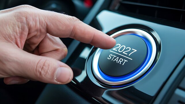 Finger pressing modern engine start button with 2027 concept for innovation and new beginnings