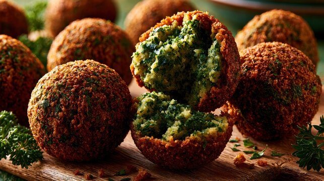 Falafel balls with herbs on rustic wooden board