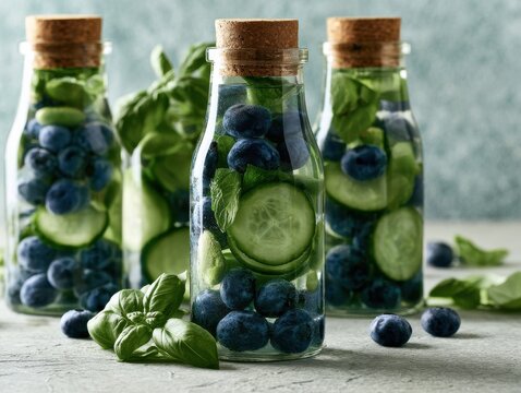 Infused water bottles with cucumber and blueberries