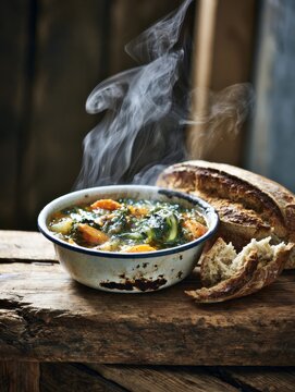 Steaming homemade vegetable stew with rustic bread