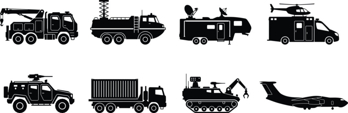 Specialized Utility and Emergency Vehicle Silhouette Collection with Industrial Transport Vector Icon Set