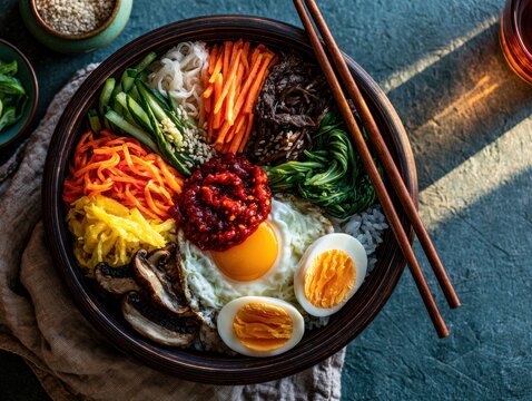 Bibimbap bowl with vegetables, egg and chopsticks