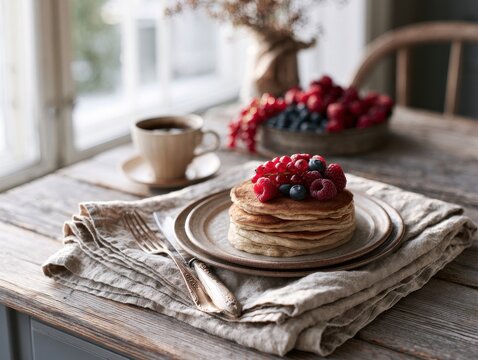 Pancakes with berries and coffee on rustic table
