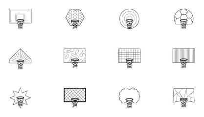 Set of unique basketball backboards and hoops outline icons on transparent background vector. © Nuruzzaman